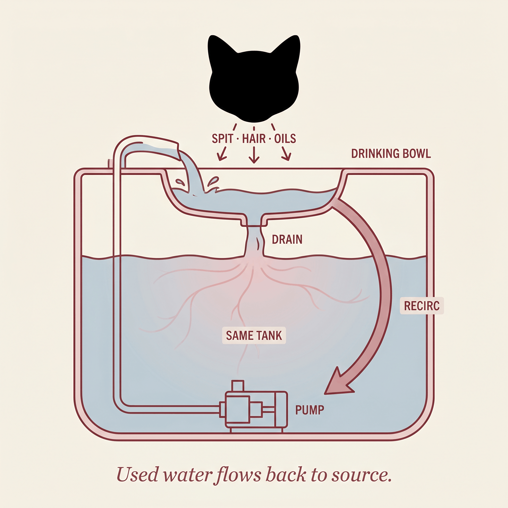 Cross-section diagram of a one-chamber cat fountain. Used water from the bowl drains back to the tank with the pump, mixing with the source water.