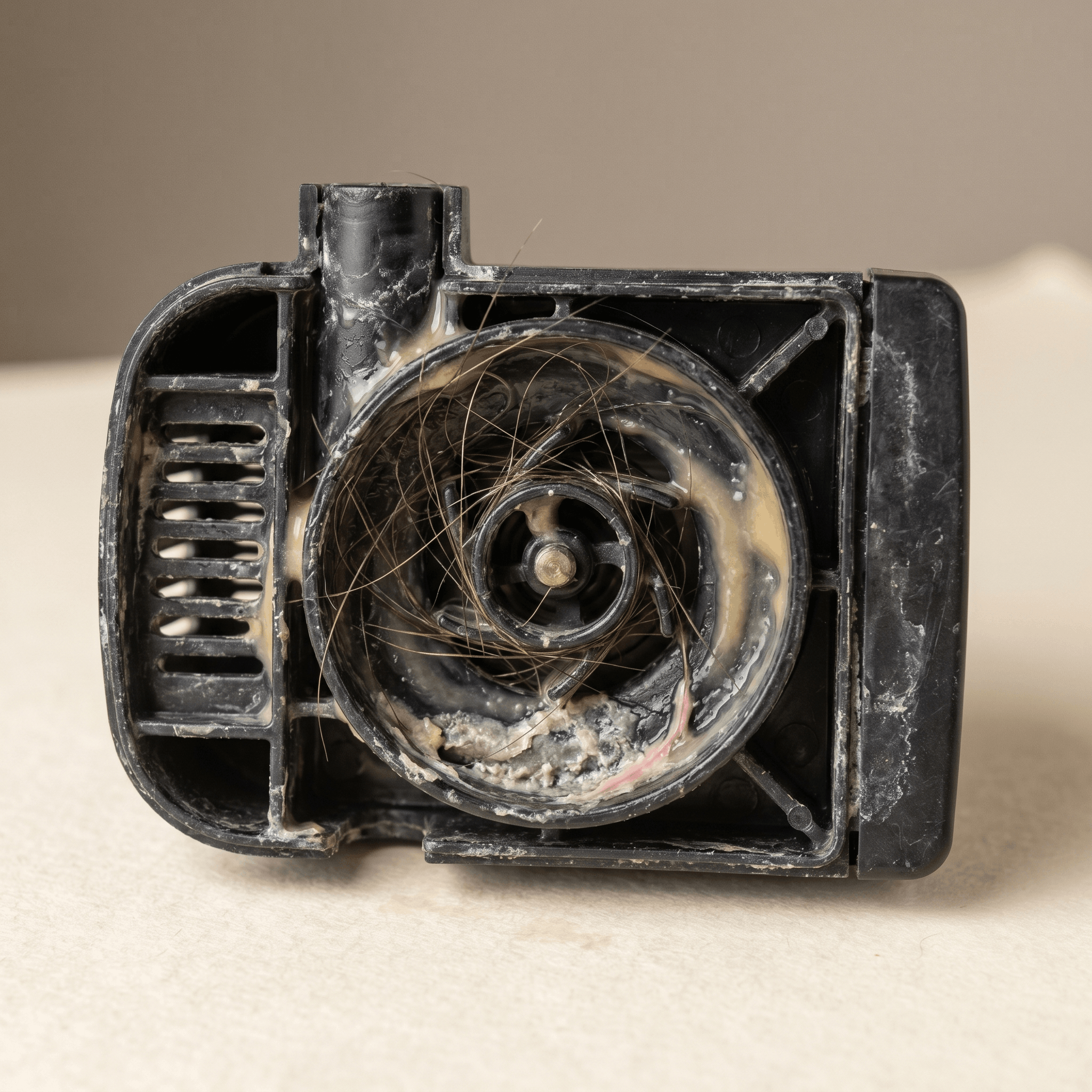 Macro shot — inside of a competitor pump shell at 48 hours. Hair wrapped around the pump motor, slime on the inside walls, scale at the base.