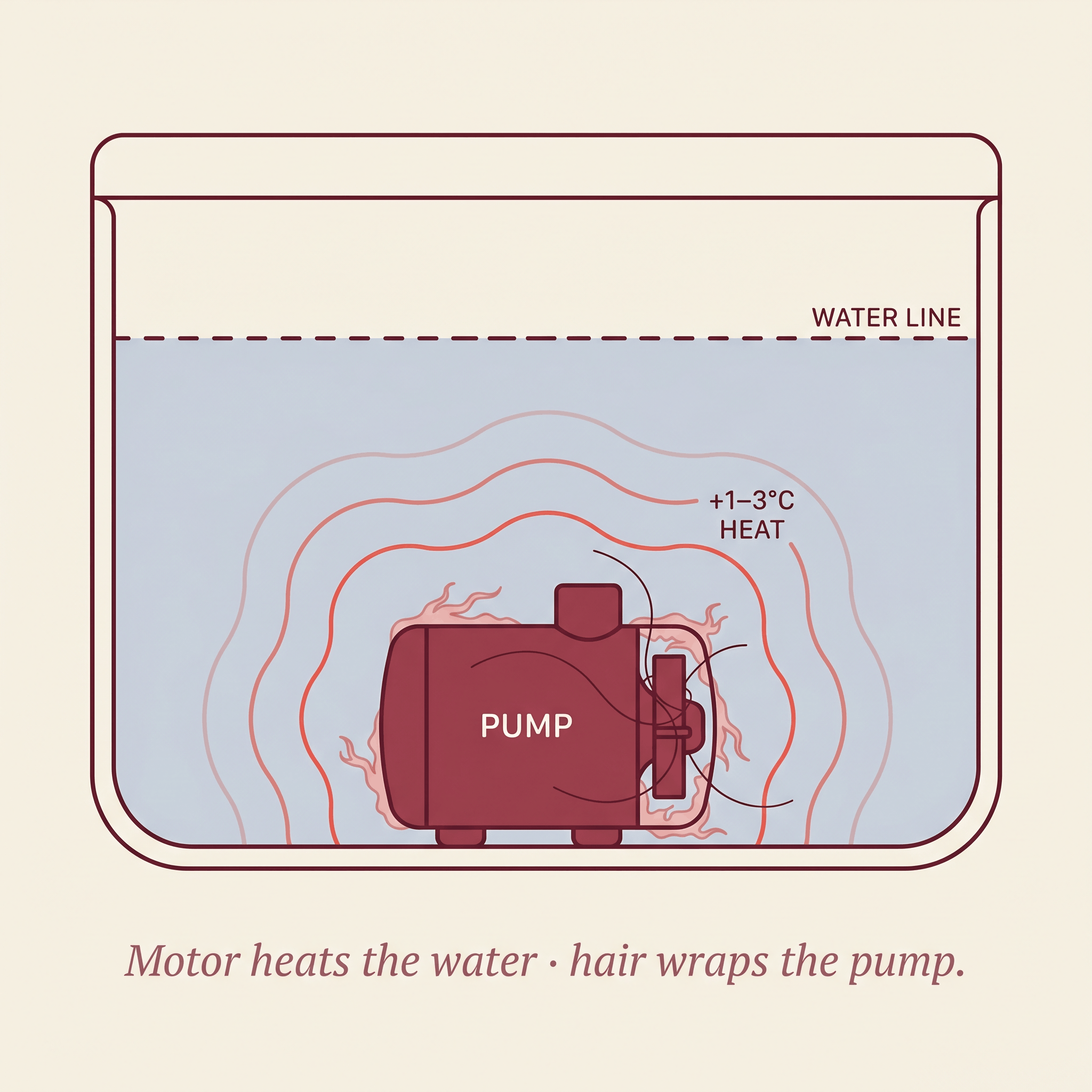 Cross-section showing a pump submerged in the cat fountain water. Heat radiates outward into the drinking water and hair wraps the pump.