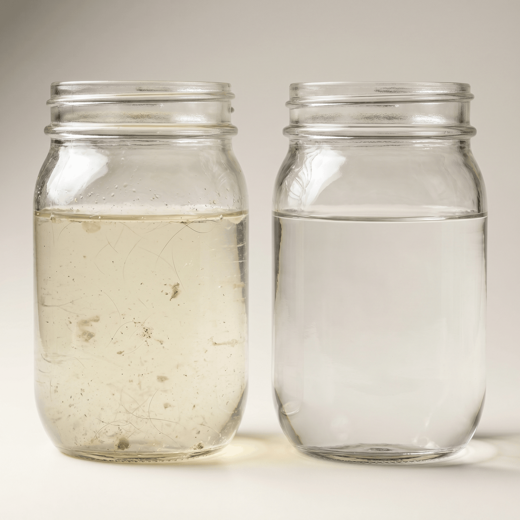 Side-by-side comparison — worst rival jar (left) vs Purestream AquaOne jar (right), shot in the same light at the same size after 48 hours of normal use.