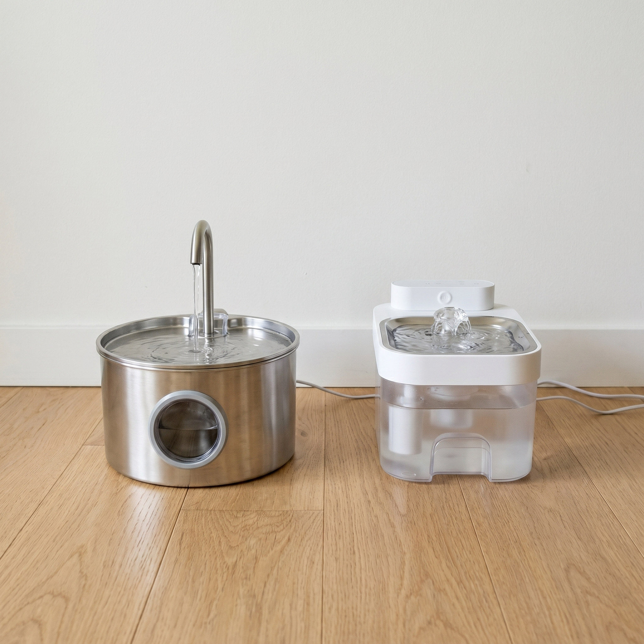 Day 1 of the two-week test: both fountains side-by-side on the hardwood floor in front of a plain wall, both freshly cleaned and running, both pristine. Old villain fountain on the left, PureStream on the right.