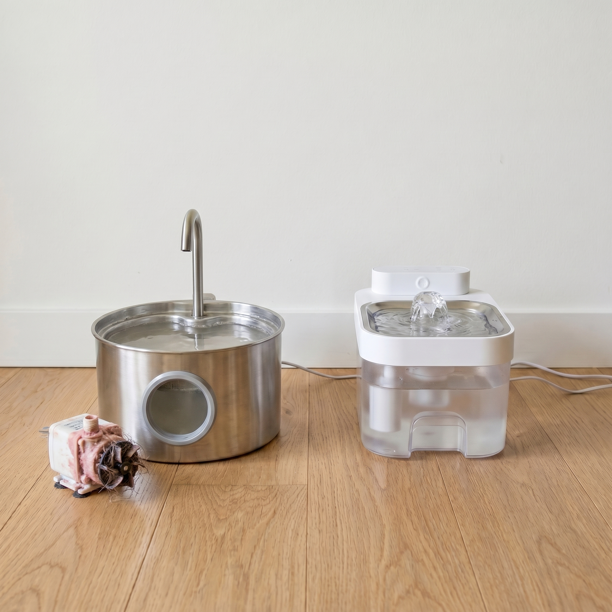 Day 3 of the two-week test: old fountain on the left with its pump removed and placed on the floor beside it, pink Serratia biofilm visible. PureStream on the right, still pristine and running. Hardwood floor, plain wall.