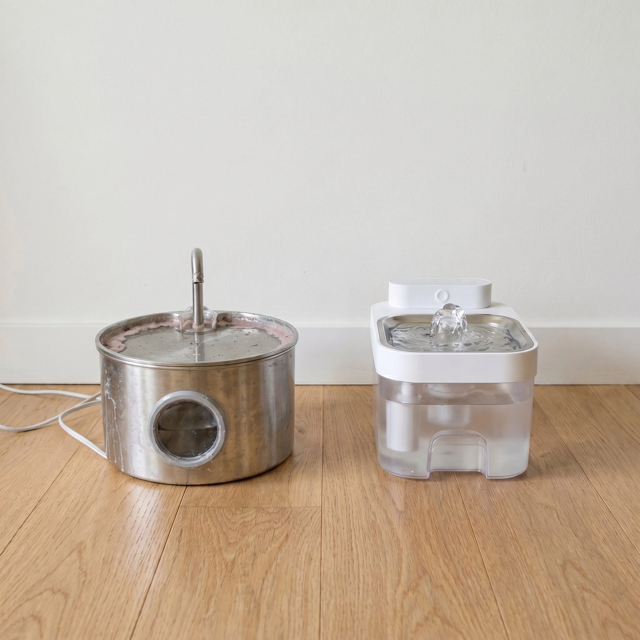 Day 7 of the two-week test: old fountain on the left visibly slimy around the spout and waterline, water cloudy with pink film, still plugged in and running. PureStream on the right, still pristine and clear. Same hardwood floor and plain wall as Day 1.