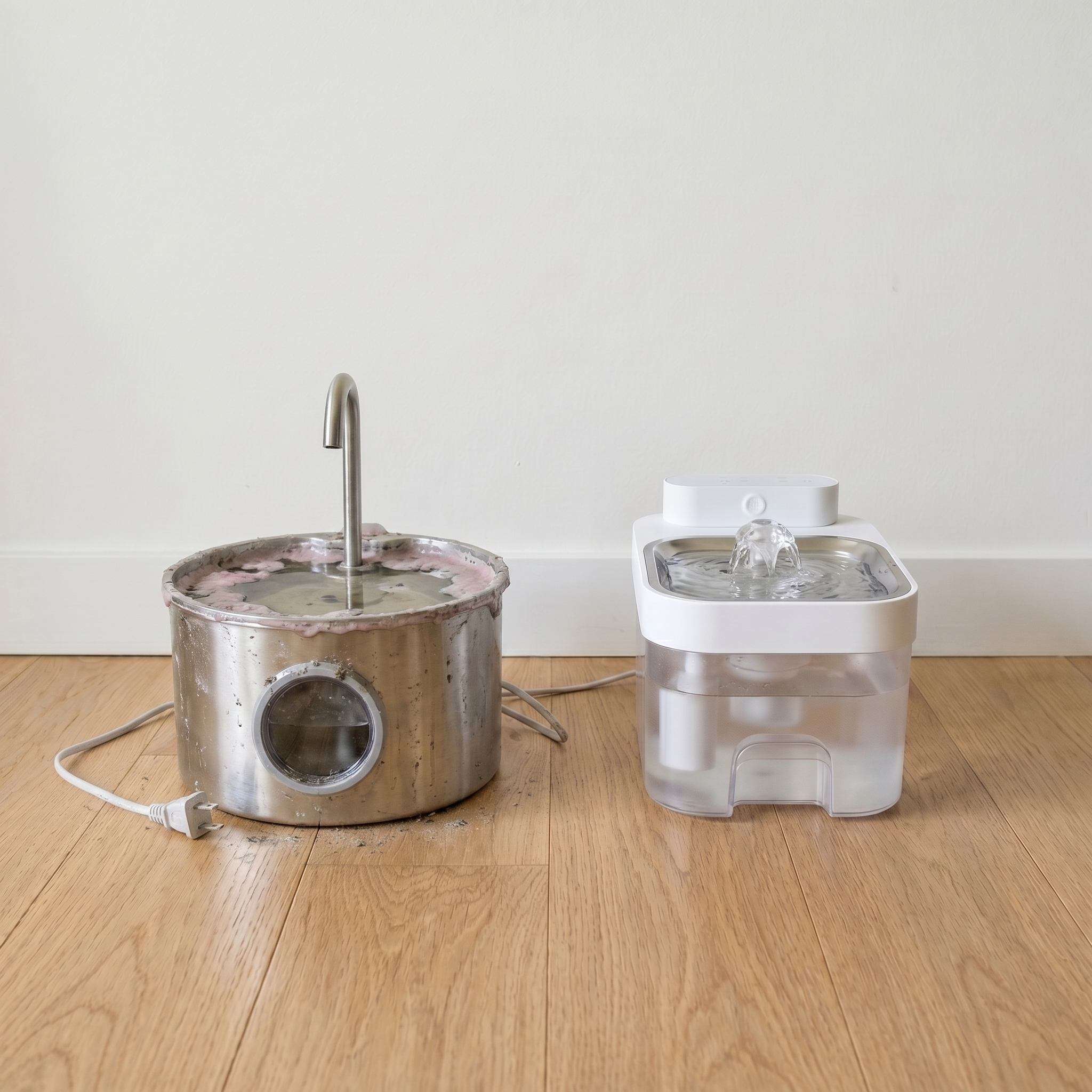 Day 14 of the two-week test: old fountain on the left, unplugged and abandoned, power cord lying limp on the floor, water stagnated, pink-grey slime around the rim. PureStream on the right, still running, still pristine.