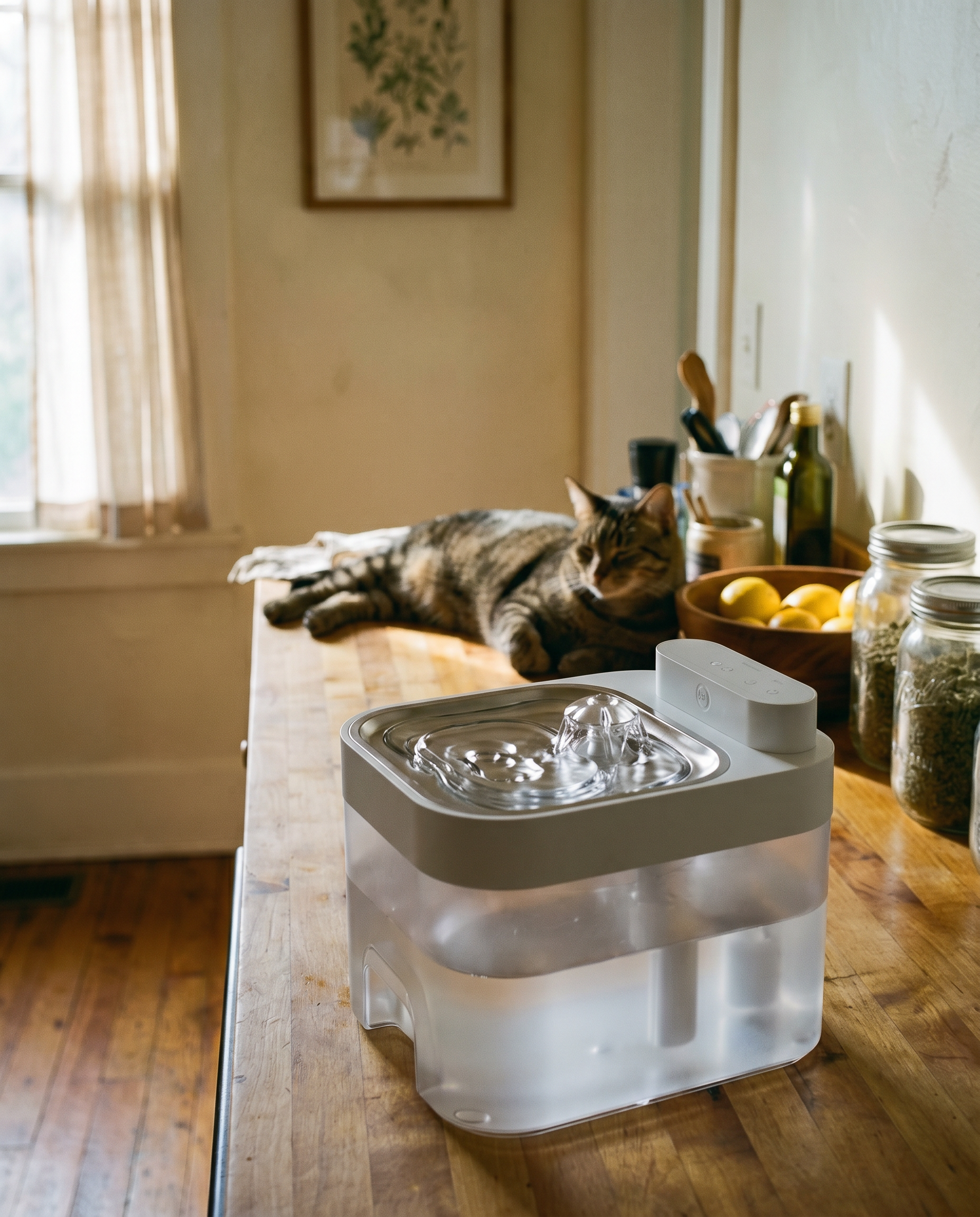 PureStream dual-chamber fountain in the foreground on a butcher block counter, brown classic tabby cat lying contentedly in soft background bokeh, warm Asheville kitchen, mid-morning window light.