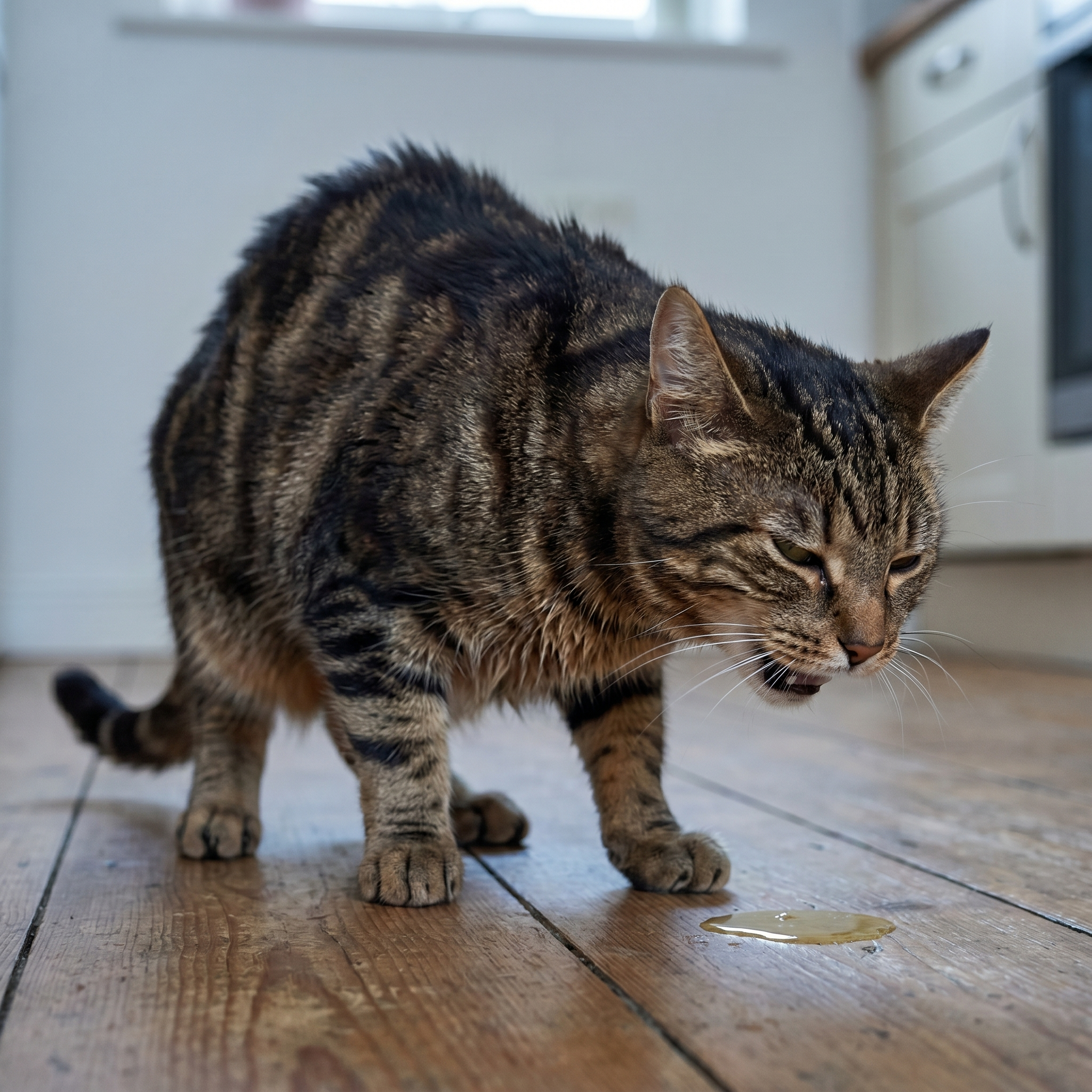 Otis the brown classic tabby cat hunched on a hardwood floor, neck extended forward and down, head lowered, mouth slightly open in a retching pose, with a small puddle of clear-yellow bile beneath his mouth. Visibly unwell.