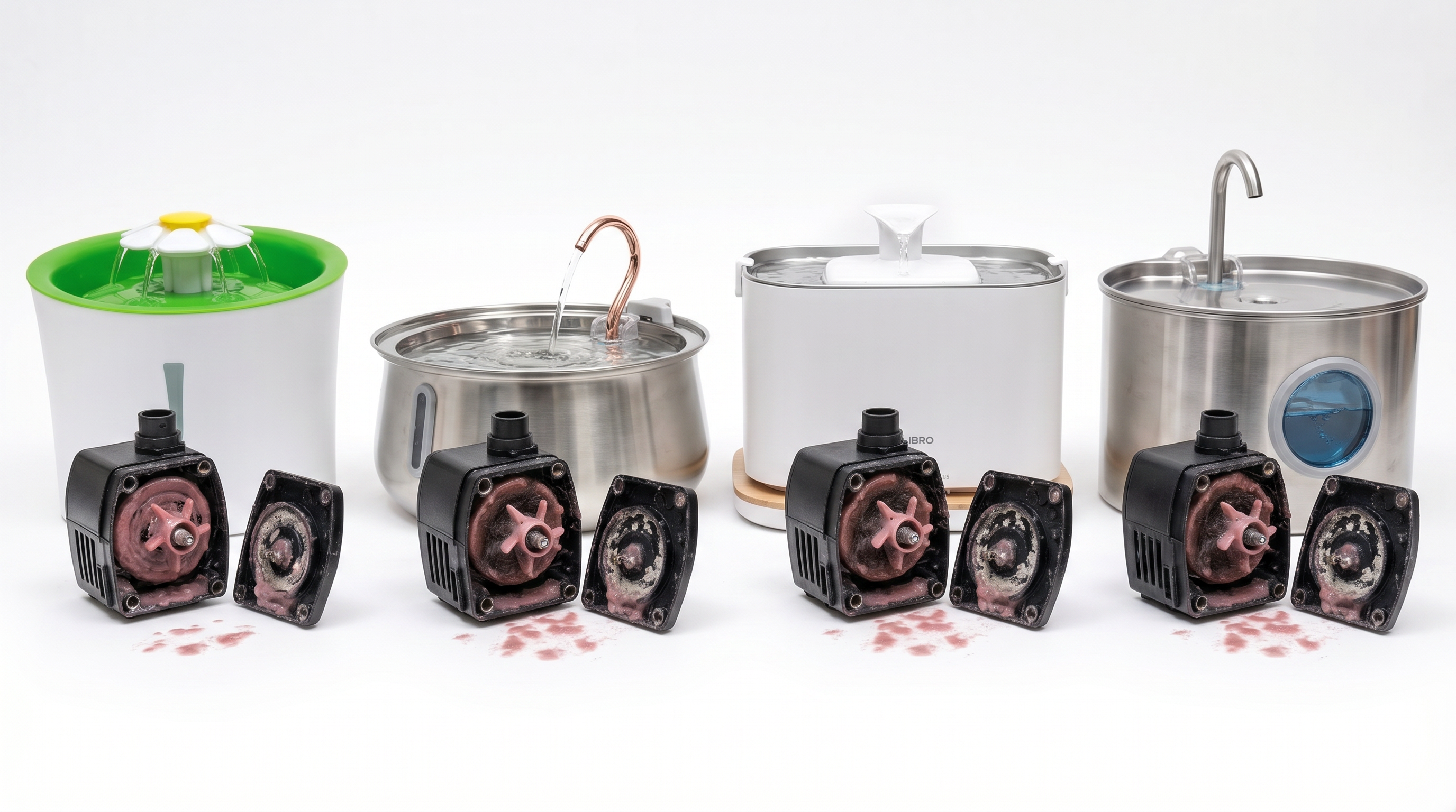 Four cat fountain bodies — Catit, KittySpout, PETLIBRO, generic stainless — each with the same contaminated black plastic pump removed and shown next to it on white.
