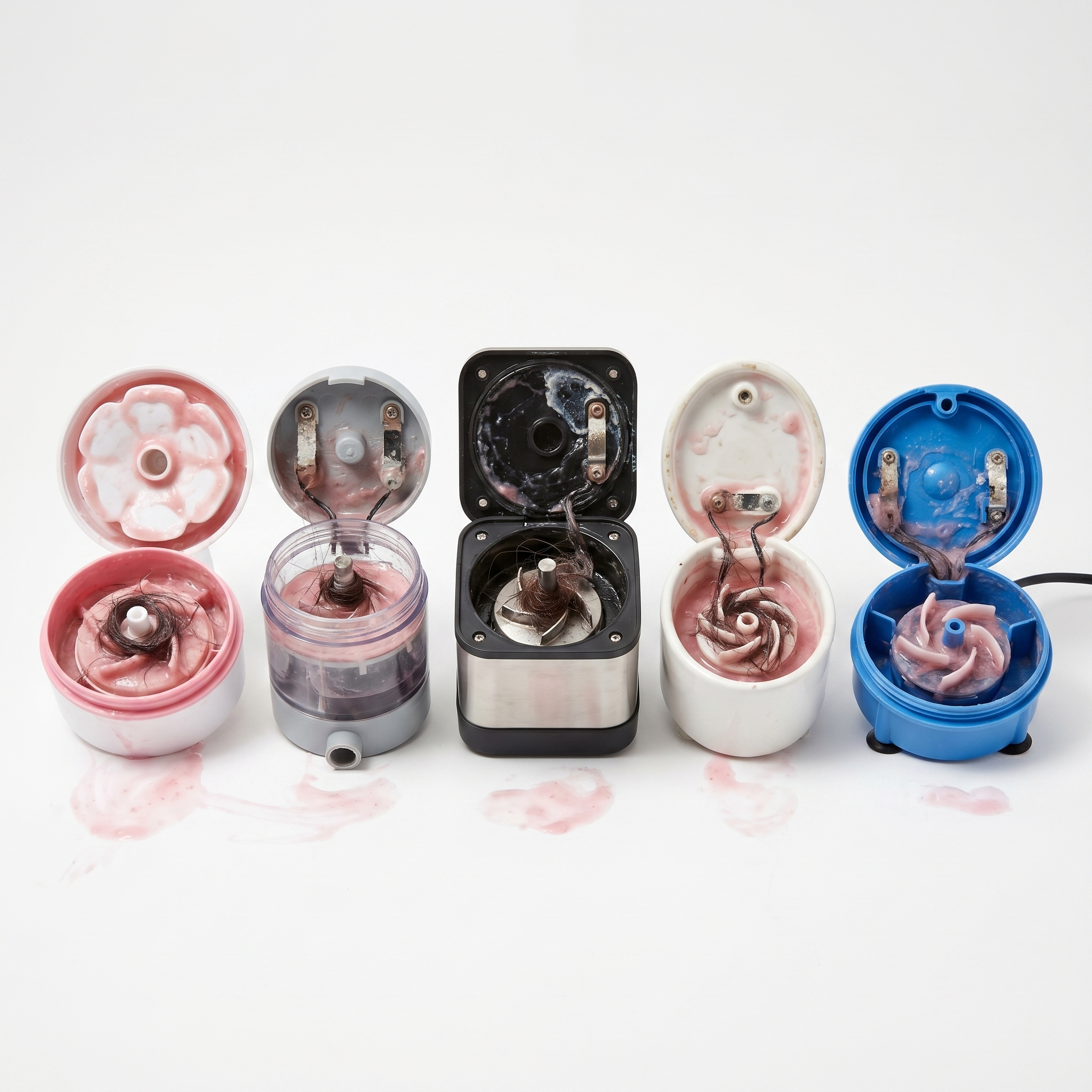 Five opened submersible plastic cat-fountain pumps lined up on white seamless backdrop, each one full of pink Serratia biofilm and dark hair tangle — pink slime smears around them on the white.