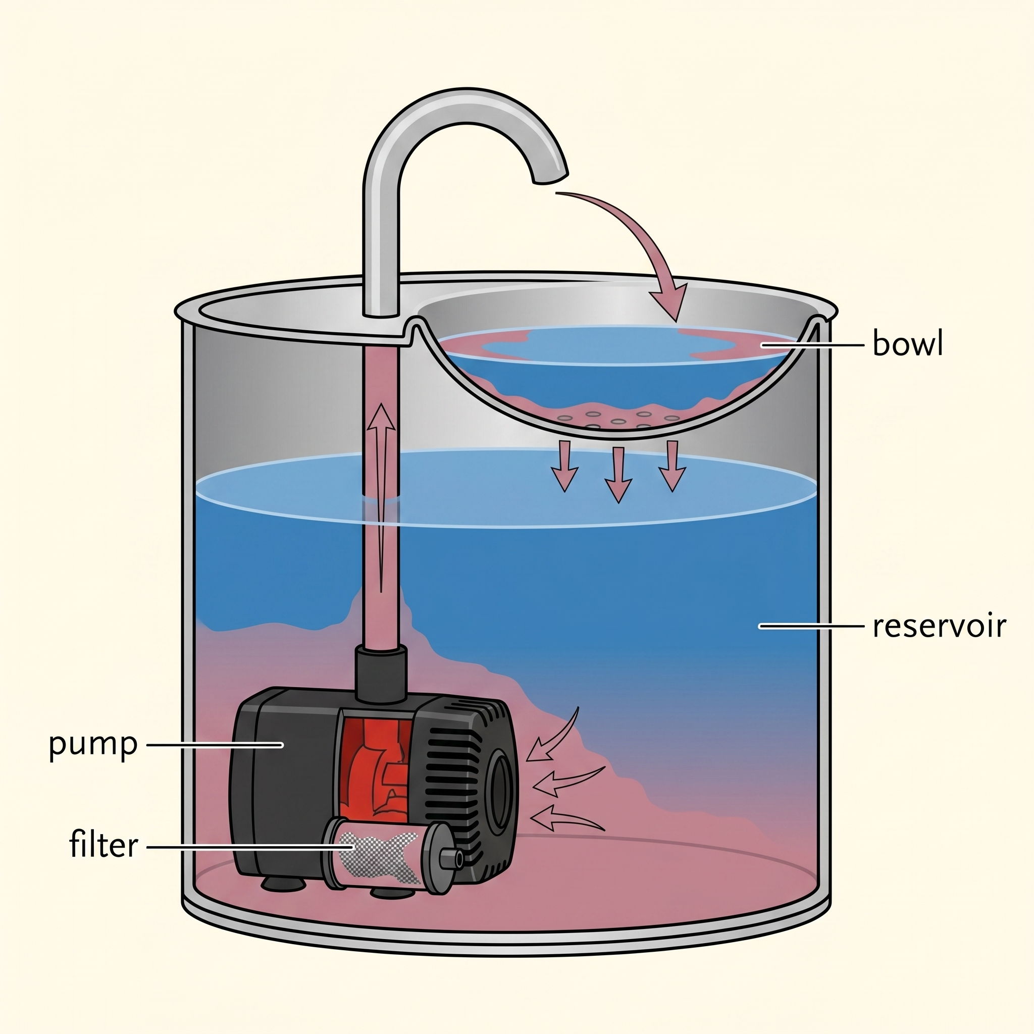 Single-panel cutaway diagram of a generic submersible-pump cat fountain — bowl on top, open reservoir below, pump submerged at the bottom-left with a small filter on its intake. Pink-grey biofilm contamination concentrates around the pump and bleeds upward into the reservoir water. Flow arrows show water cycling: pump up to spout, out into bowl, dripping back down into the reservoir.