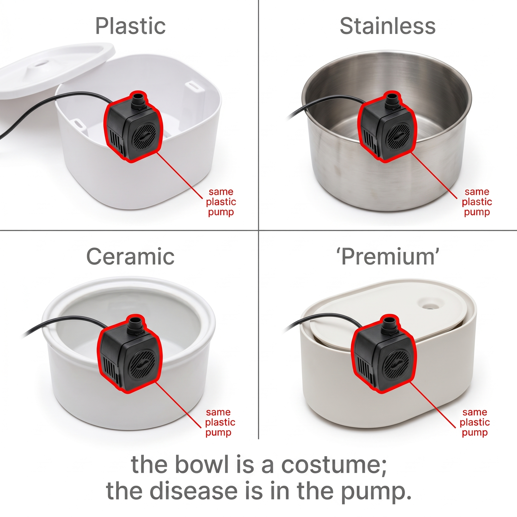 Four-quadrant grid: Plastic, Stainless, Ceramic, and 'Premium' fountain bowls — all four with the same identical black plastic pump highlighted in red. Caption reads: the bowl is a costume; the disease is in the pump.