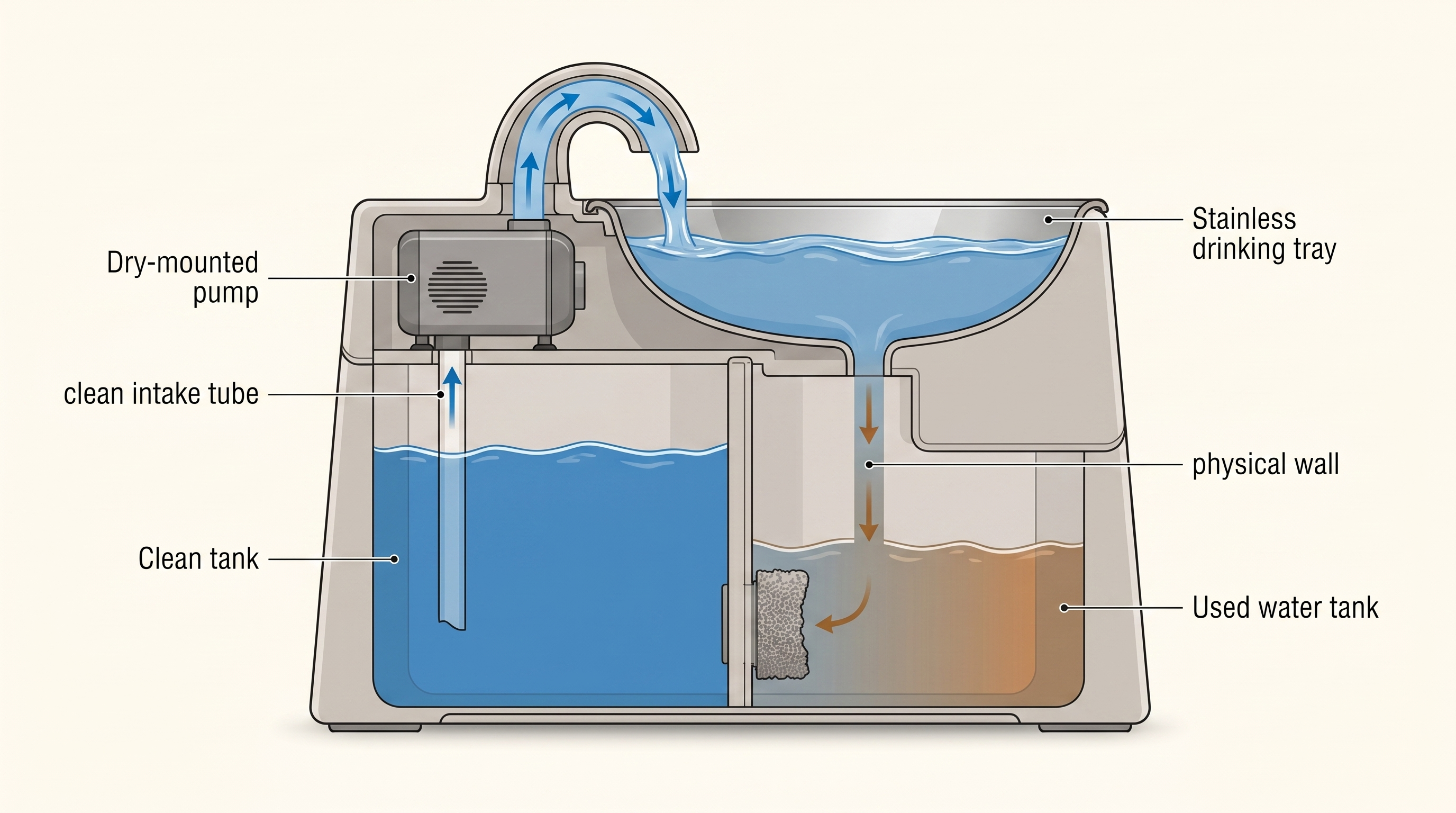 Brand-agnostic dual-chamber fountain diagram: clean tank in back with blue water, used water tank in front, dry-mounted pump above the water line, one-way flow arrows showing water never returns to the clean tank.