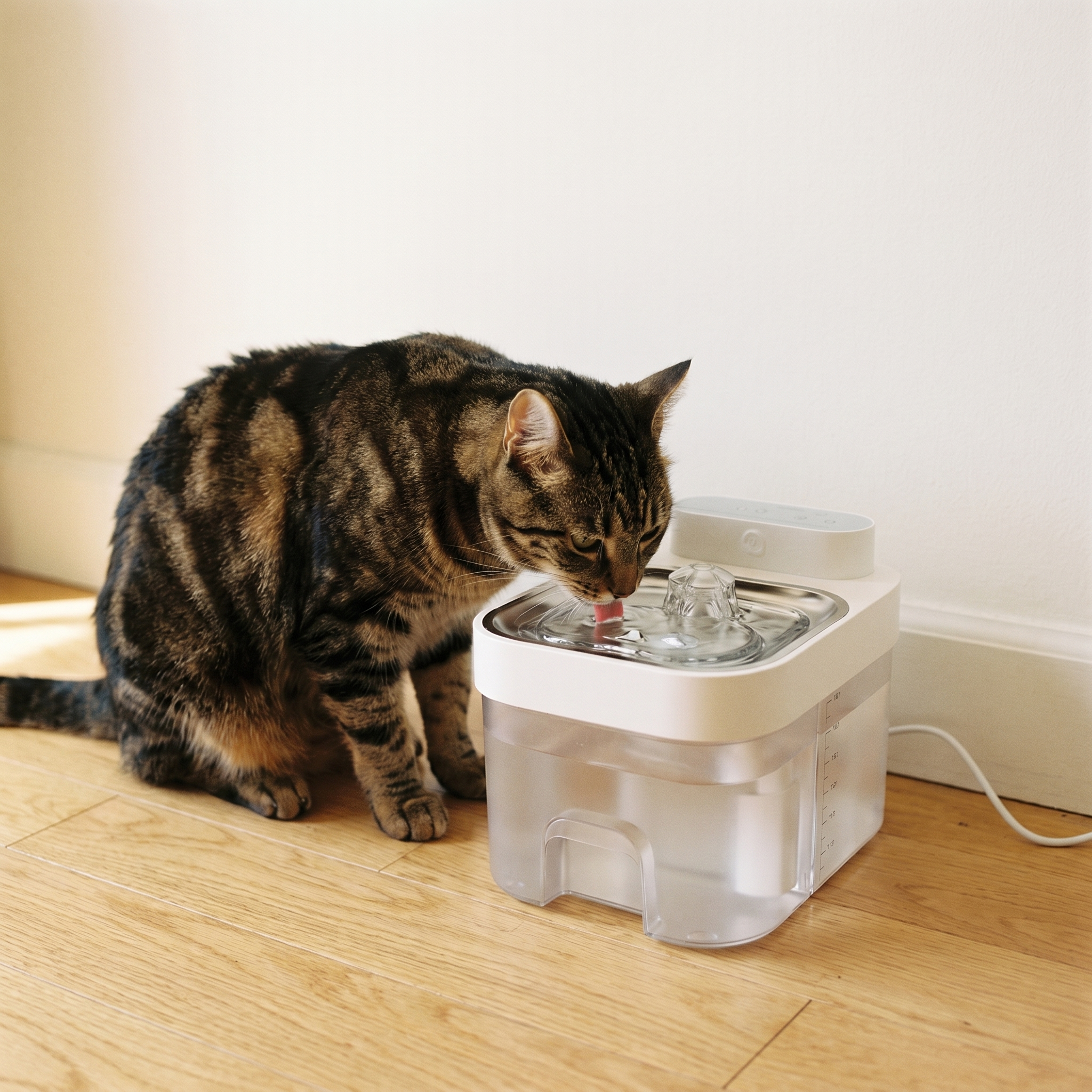 Brown classic tabby cat drinking peacefully from the PureStream dual-chamber fountain on a hardwood floor in front of a plain wall, soft natural daylight.