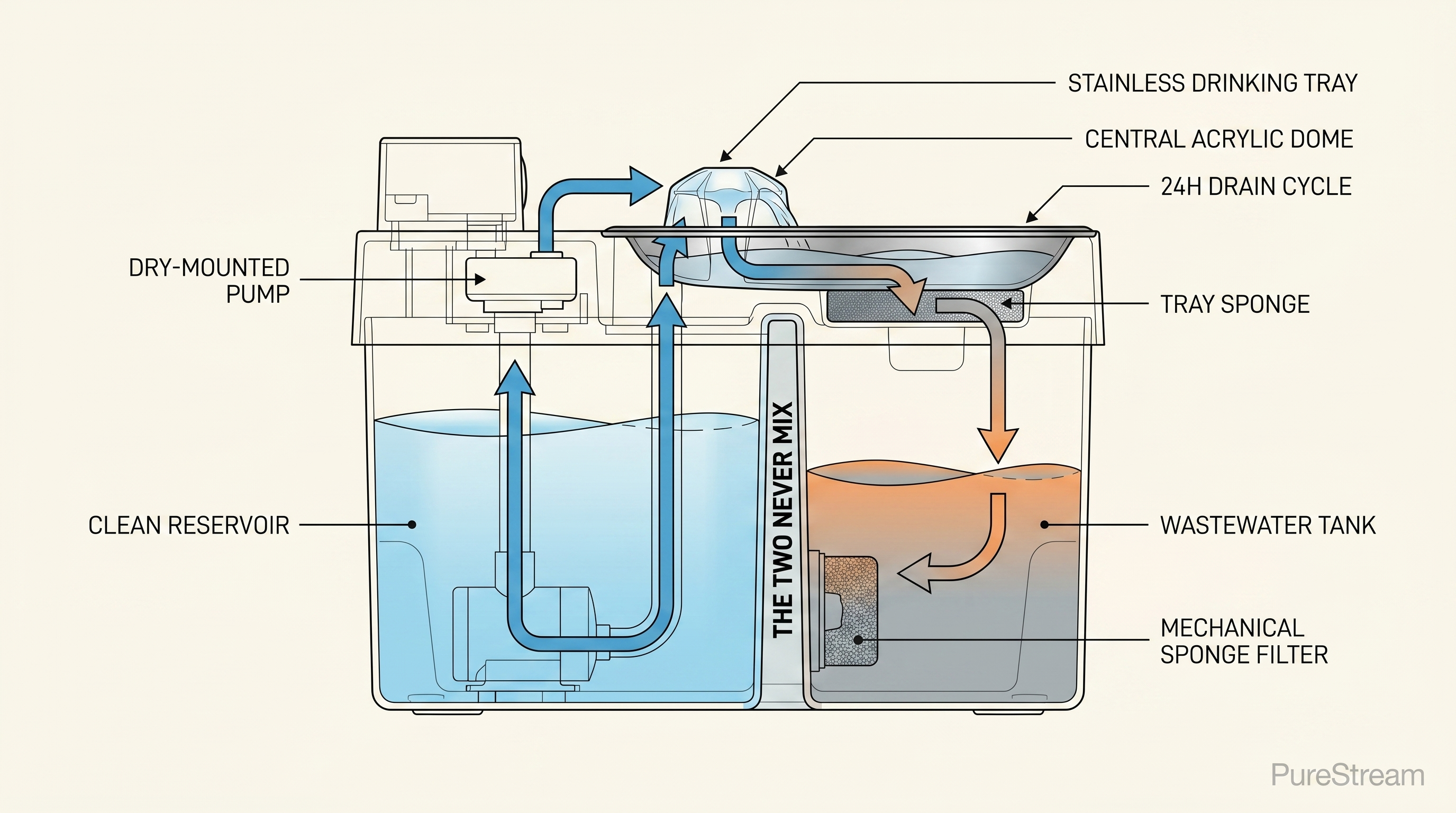 PureStream branded cutaway diagram: dual-chamber architecture with the clean reservoir, dry-mounted pump in the head module, stainless drinking tray, and used water tank — labeled the two never mix.
