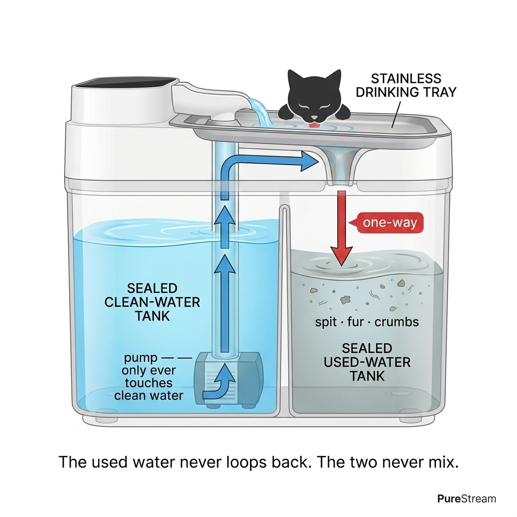 PureStream-branded cutaway diagram: a sealed clean-water tank on the left with the pump submerged inside it (the pump only ever touches clean water), a stainless drinking tray on top where the cat drinks, and a separate sealed used-water tank on the right holding spit, fur and crumbs. Blue arrows carry clean water up through the pump and out to the tray; a red one-way arrow drains it down into the used-water tank and never back. Caption: the used water never loops back — the two never mix.