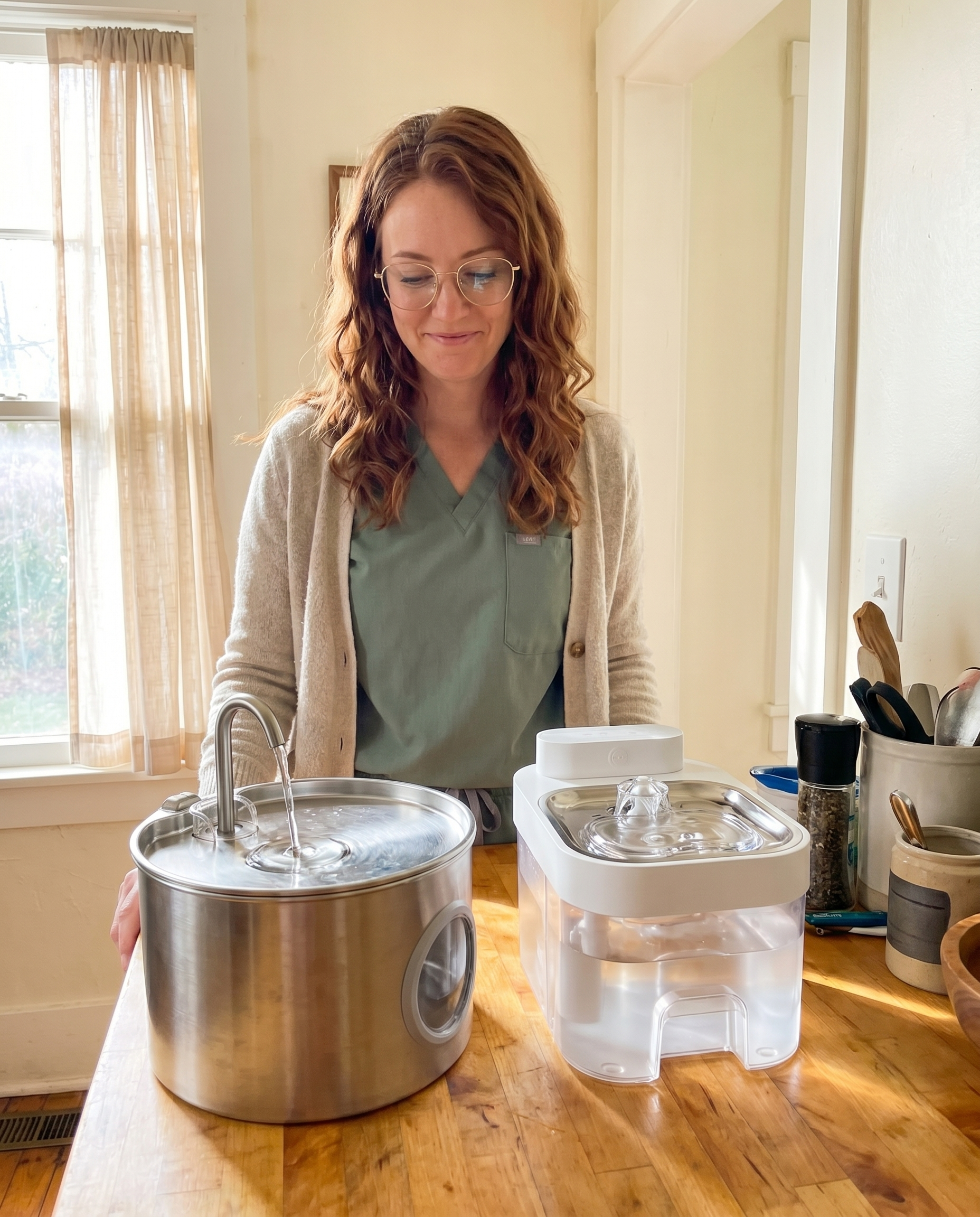 Dr. Reilly standing behind the kitchen counter with both fountains in front of her — old villain fountain on the left, PureStream on the right, both clean and running. Casual phone-photography aesthetic.